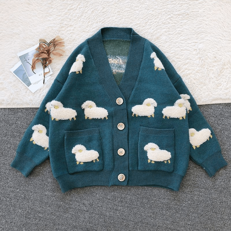 green cardigan sweater sheep