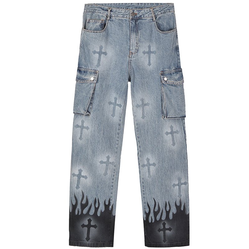 cross and flame cargo jeans