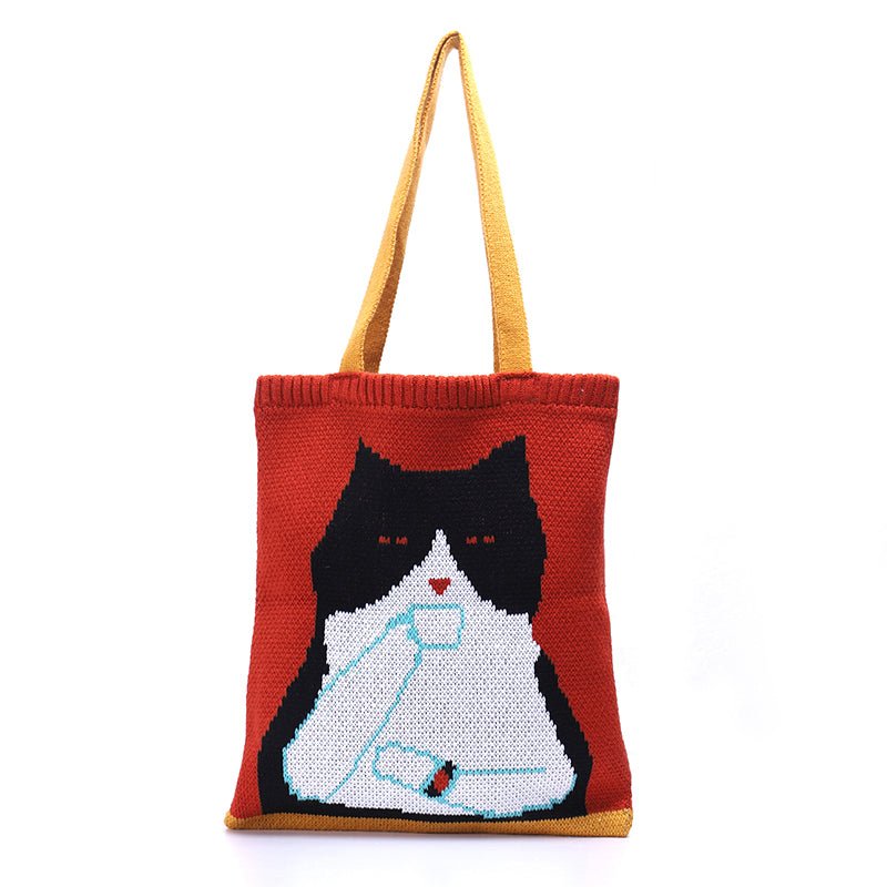 Lemandik Tea Drinking Cat Knitted Shoulder Bag