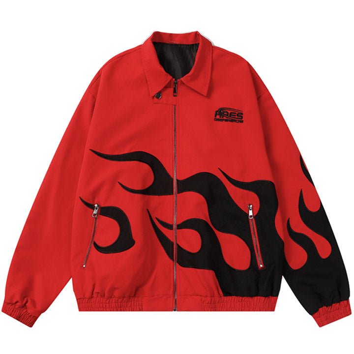 red lapel flame print leather jacket