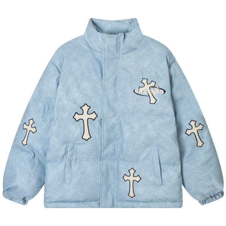 blue cross puffer jacket