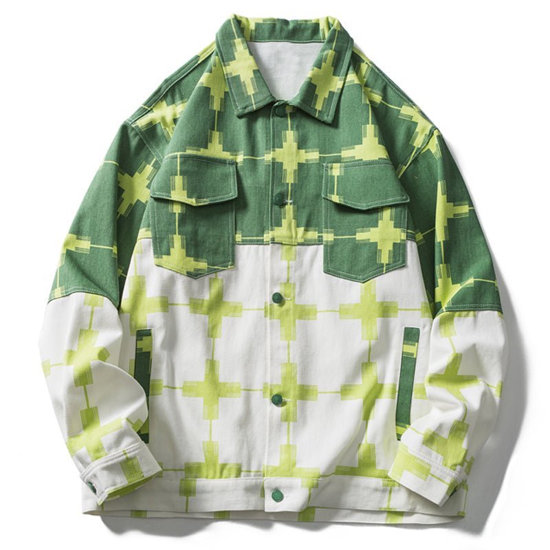 Green Denim Jacket Plaid Patchwork
