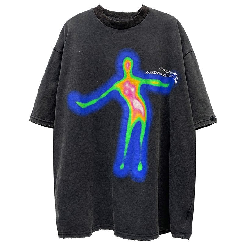 oversized t shirt with distorted portrait graphic