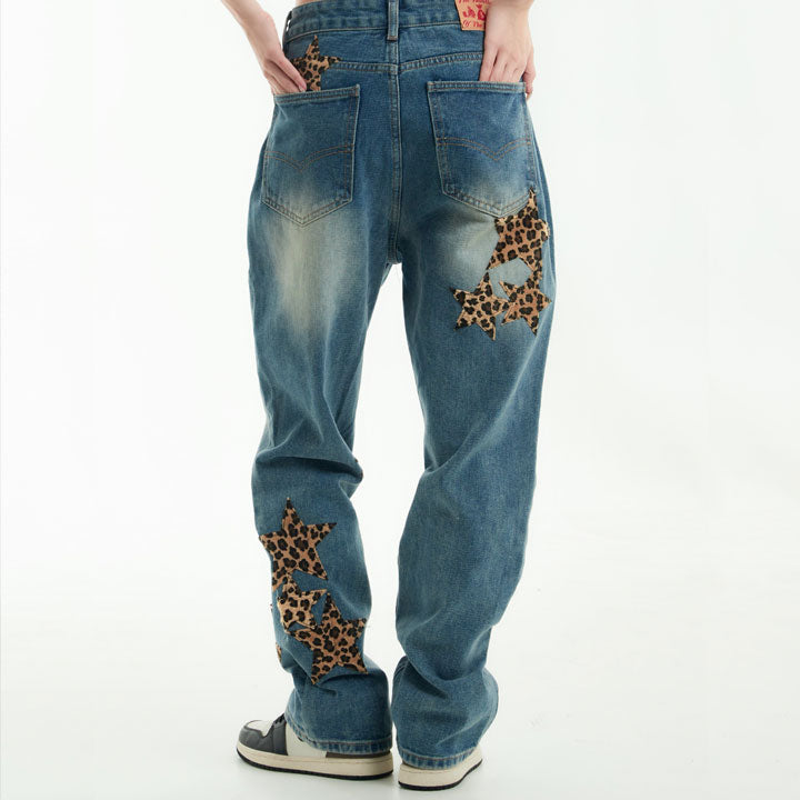 men's leopard star washed jeans