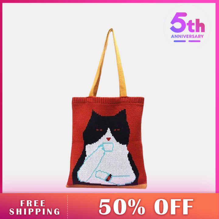 LEMANDIK® Tea Drinking Cat Knitted Tote Bag