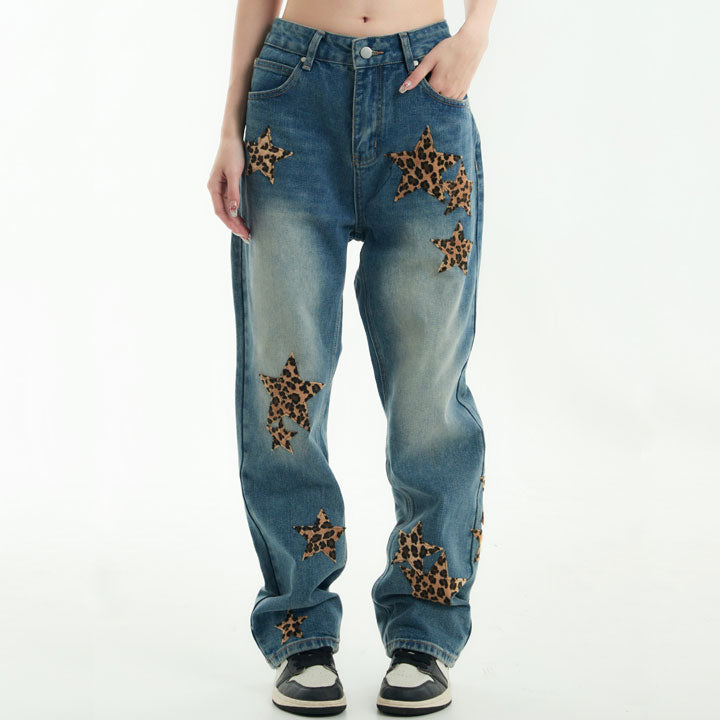 straight leg leopard star patch jeans