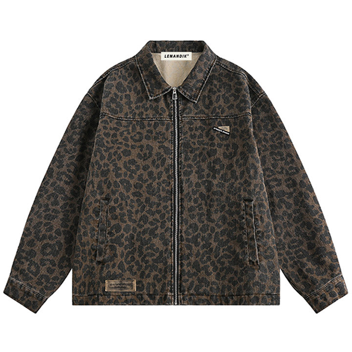 lapel leopard print zipper jacket