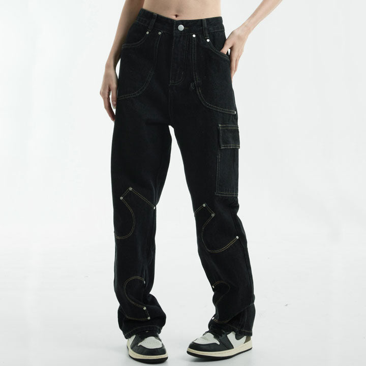 LEMANDIK® Black Punk Stitch Cargo Jeans