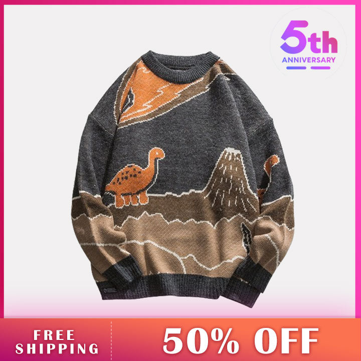 LEMANDIK® Knit Sweater Cartoon Dinosaur and Volcanoes