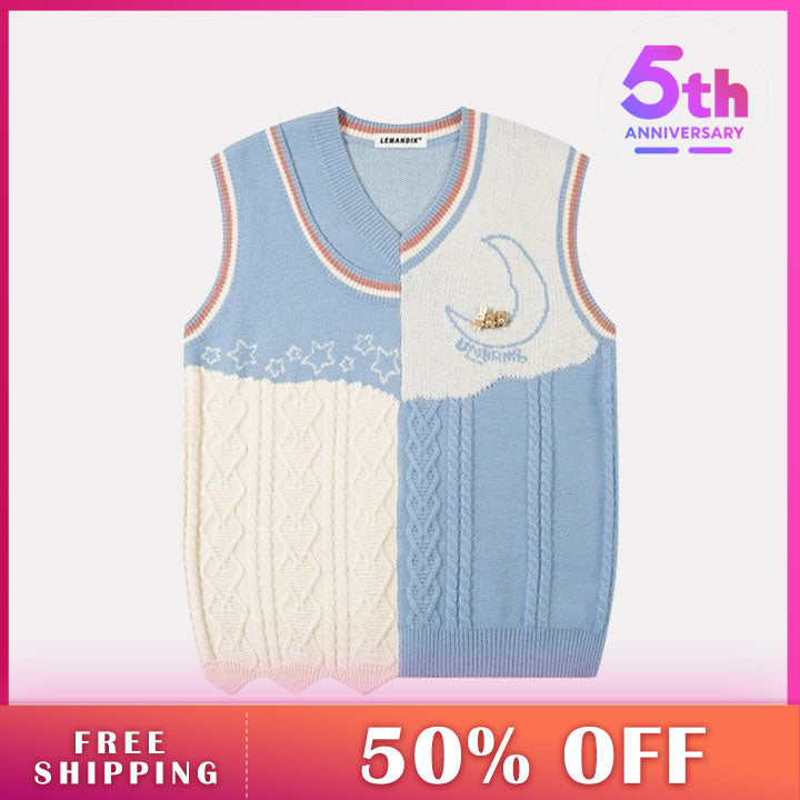 LEMANDIK® Cable Knit Sweater Vest Star and Moon