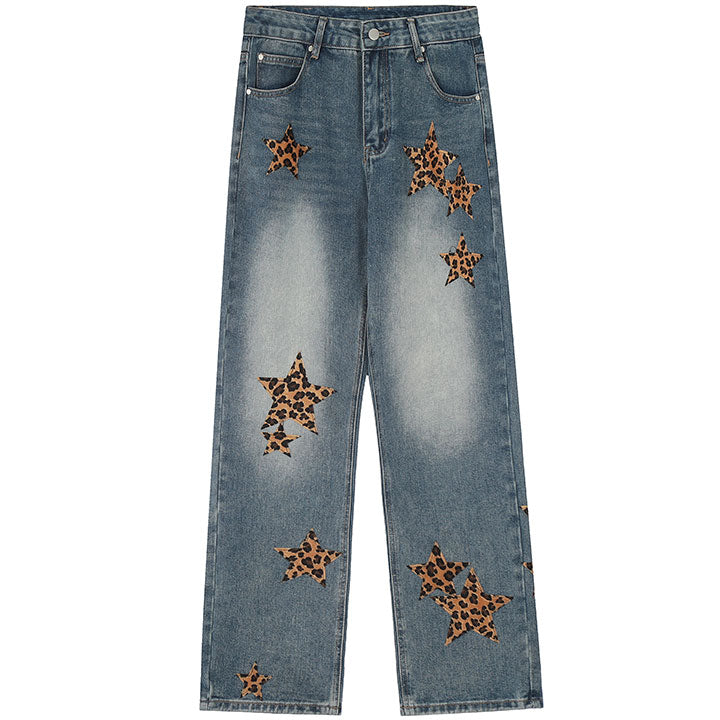 LEMANDIK® Straight Leg Jeans Leopard Star Patch