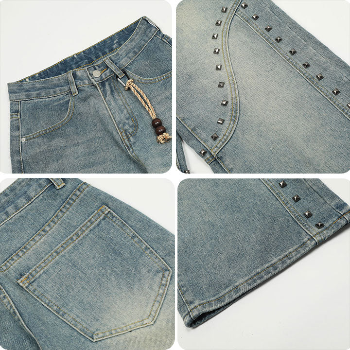 baggy style rivet patch jeans