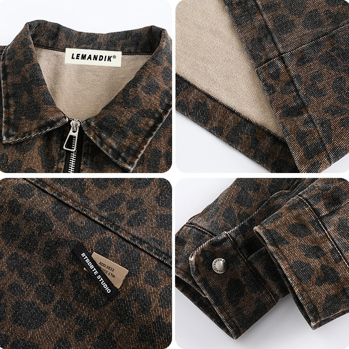 men's leopard pattern denim jacket