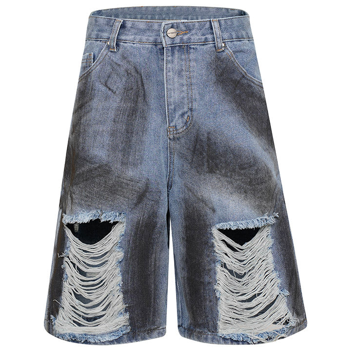 ripped dirty patch denim shorts