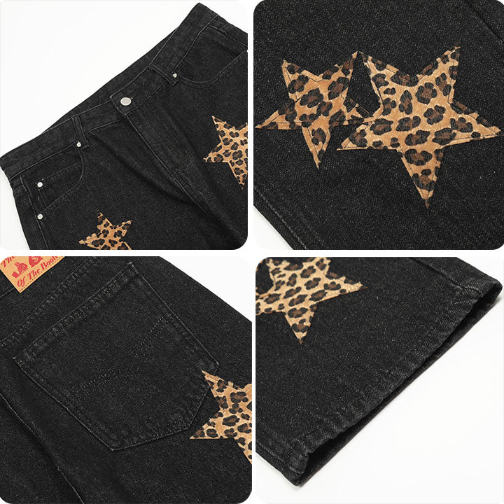 multi leopard stars patch jeans