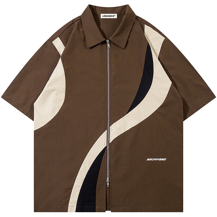 LEMANDIK® Retro Color Block Zip-Up Shirt