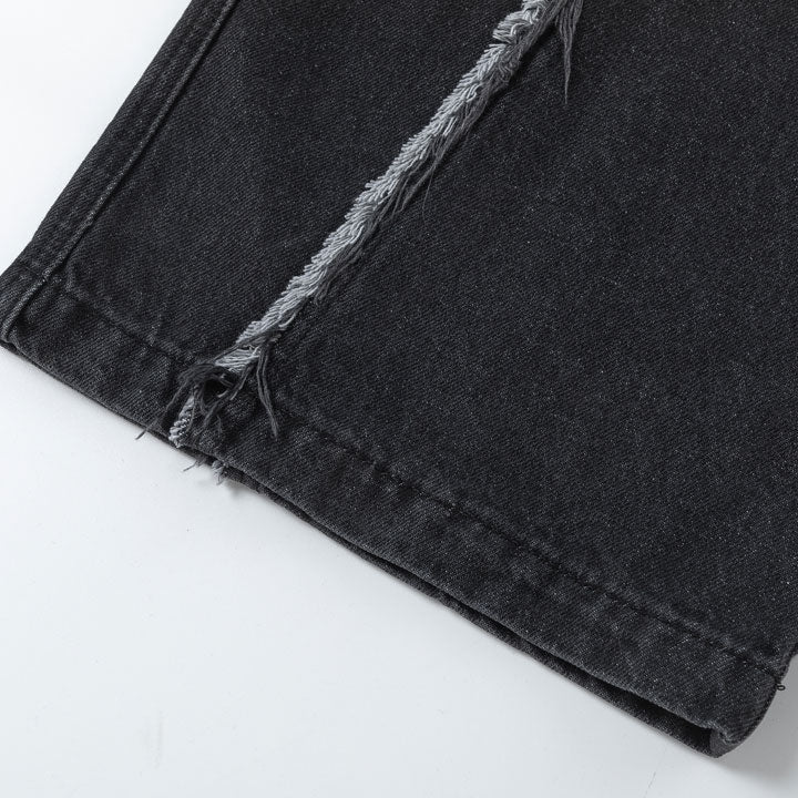 line fringe patch washed jeans