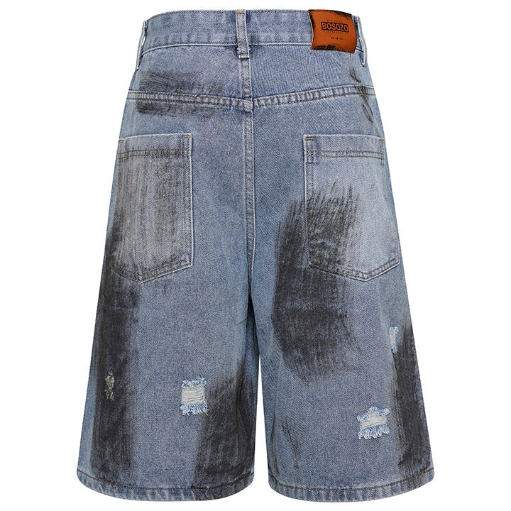 distressed dirty print washed shorts