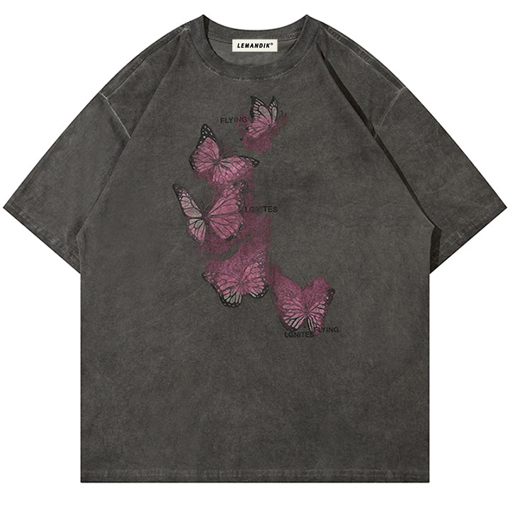 LEMANDIK® Retro Washed T-shirt Flying Butterfly