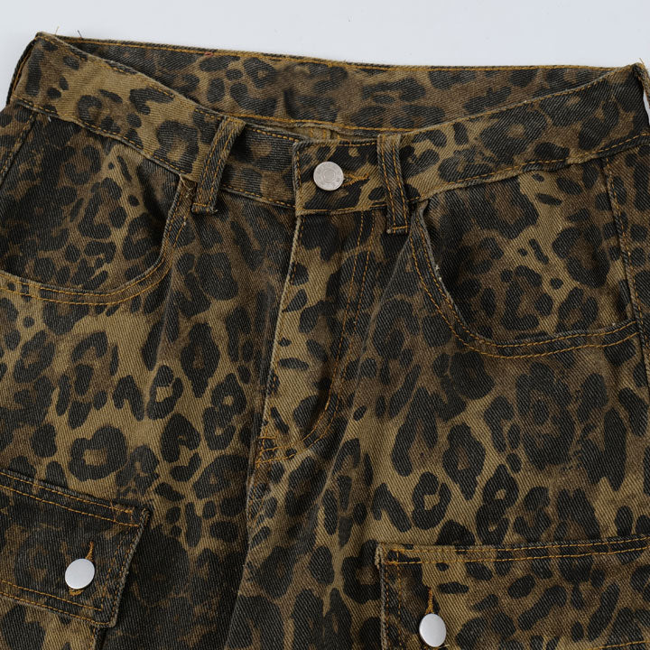 leopard denim jeans with pockets