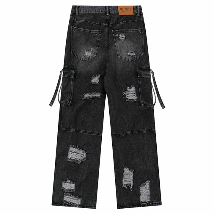 LEMANDIK® Distressed Schwarze Jeans Seitentasche