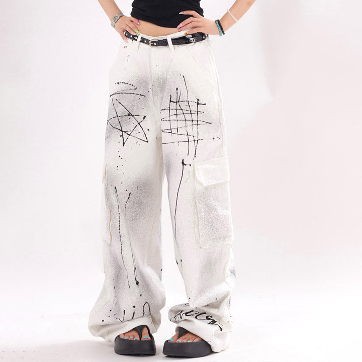 LEMANDIK® White Ink Graffiti Cargo Jeans