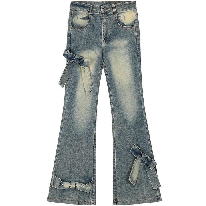 women bow tie patch flared jeans