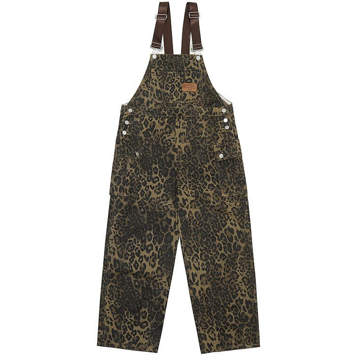 Leopard print denim overalls