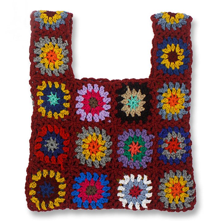 LEMANDIK® Bohemian Froral Granny Square Handmade Knitted Tote Bag