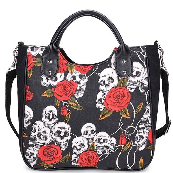 skull and rose print tote shoulder bag