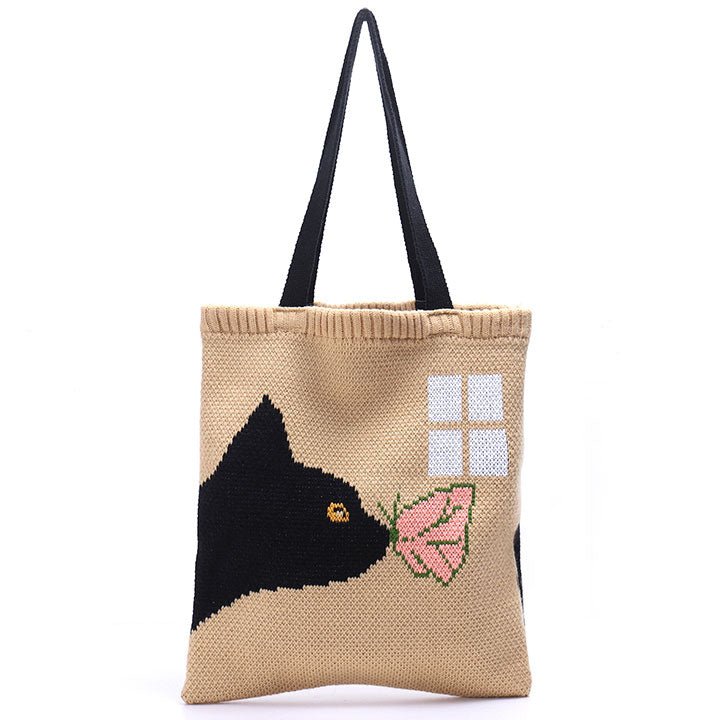 LEMANDIK® Black Cat and Butterfly Knitted Tote Bag