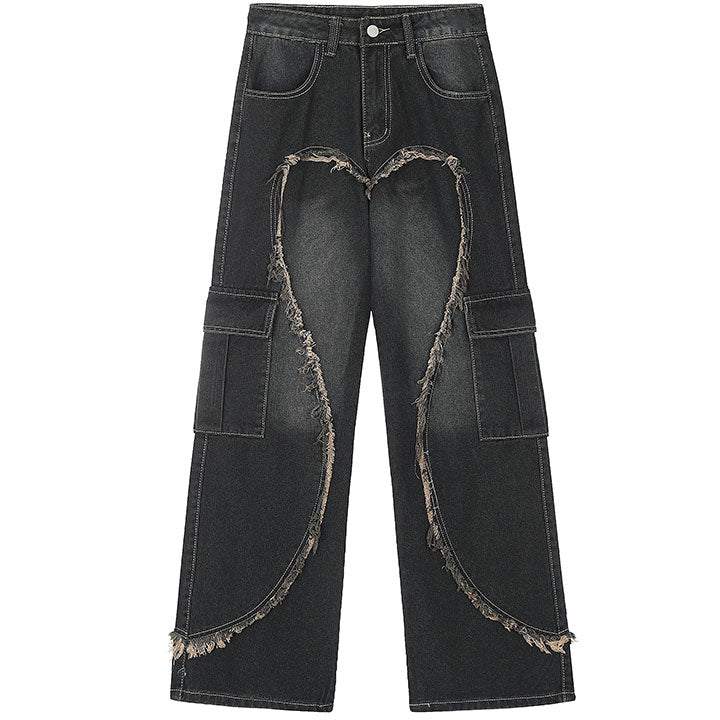 LEMANDIK® Patchwork Fringe Heart Wide Leg Jeans