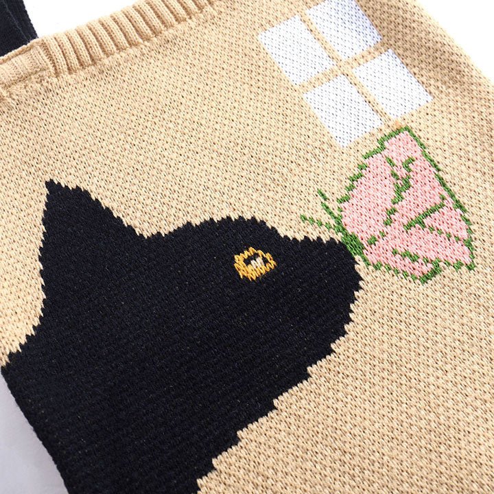 LEMANDIK® Black Cat and Butterfly Knitted Tote Bag