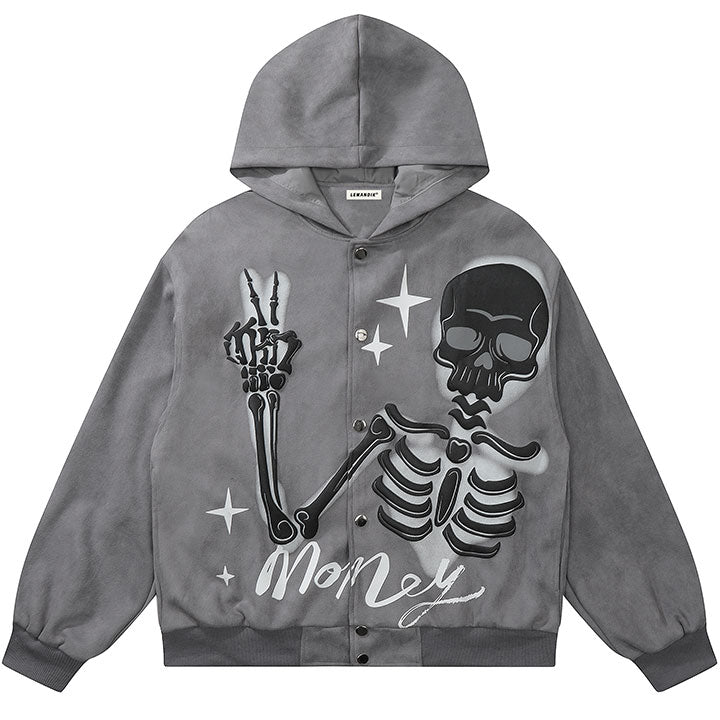 skeleton print button up hoodie