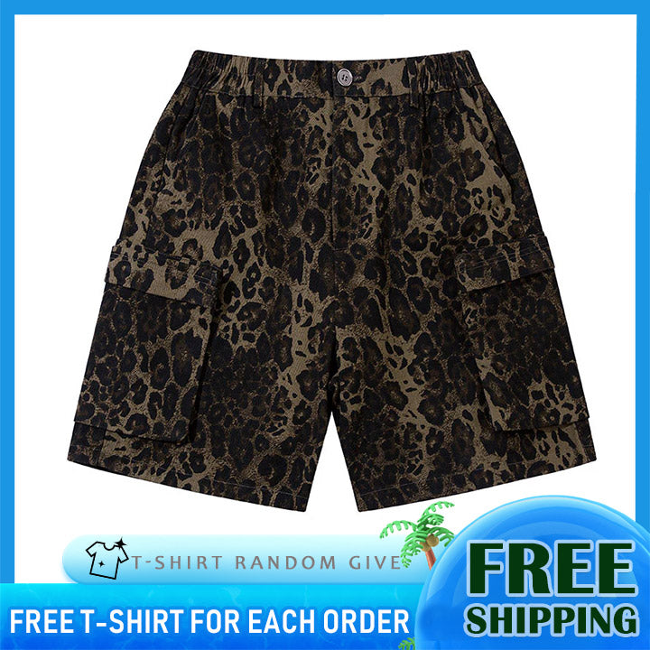 LEMANDIK® Retro Cargo Shorts Leopard Print