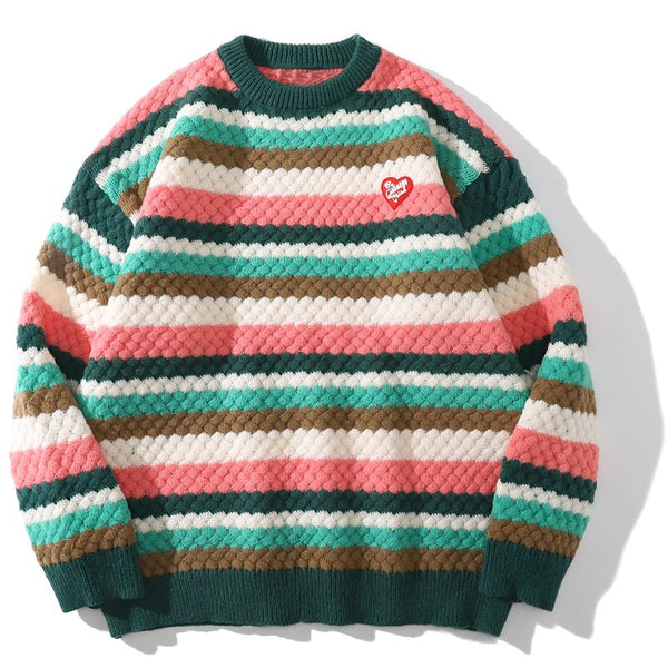 Cable Knit Crewneck Sweater Patchwork Color