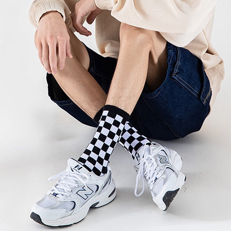 white Checkerboard Mid-calf Socks
