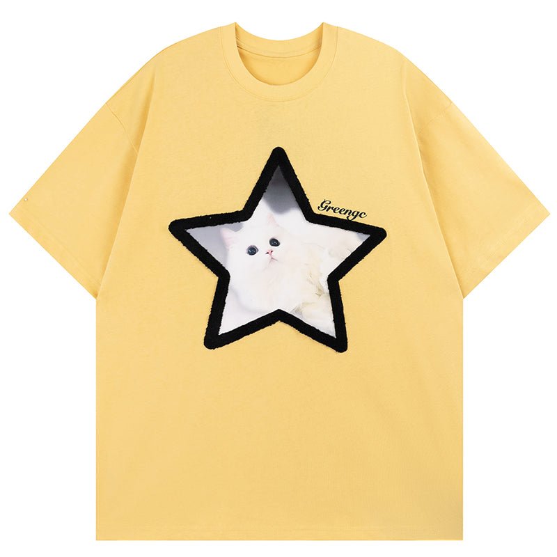 star and cat print t-shirt