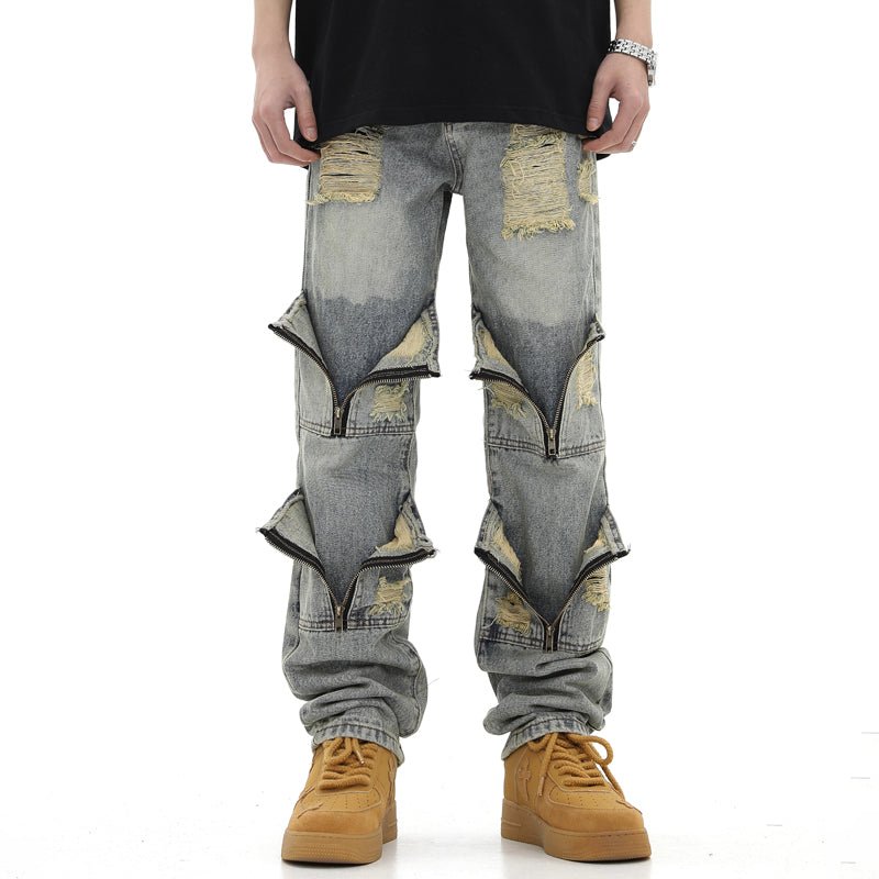 men distressed jeans with zip pockets