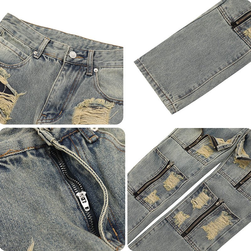 distressed jeans with zip up holes