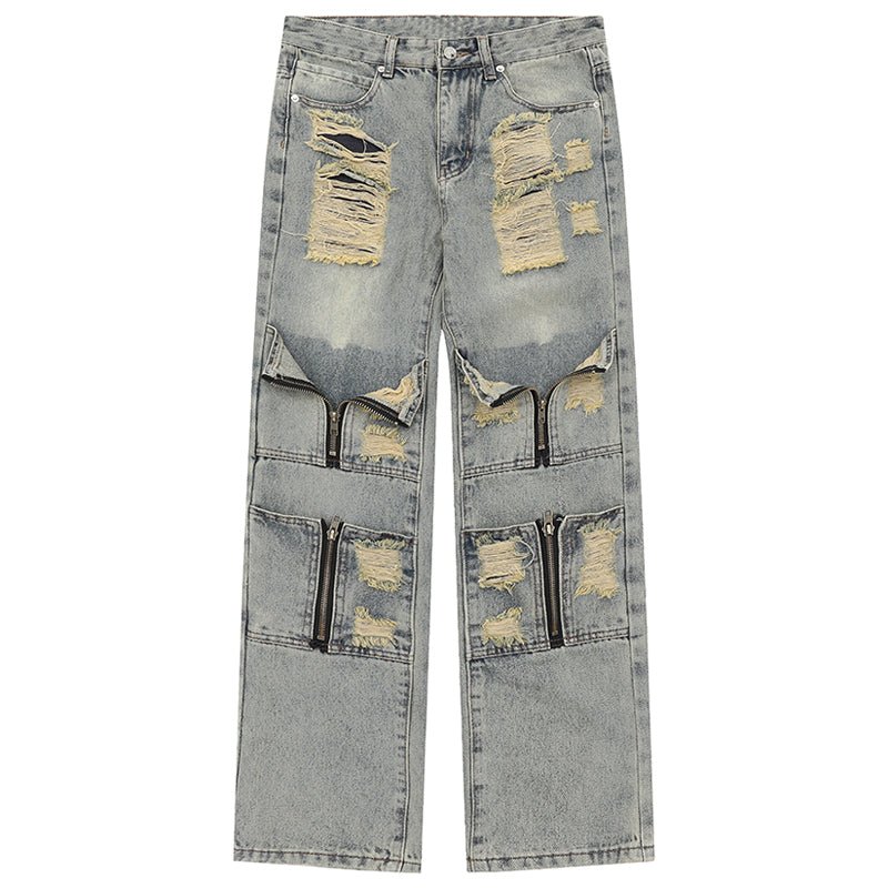 multi holes jeans with zip up 