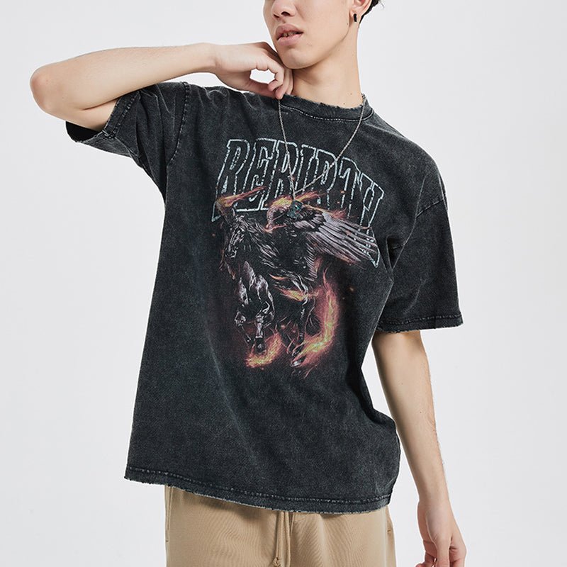 Washed T-shirt winged horse and flame