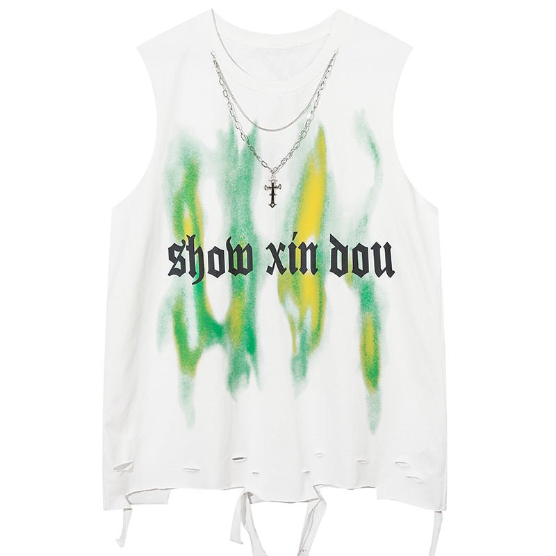 distressed lettering vest with chain