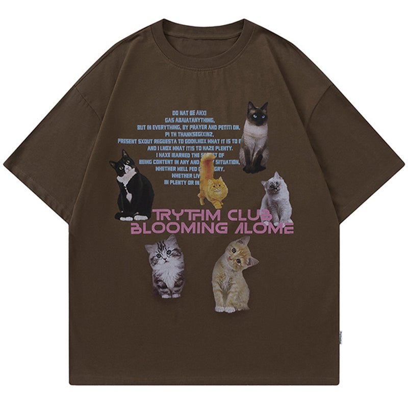 brown t-shirt with six cats