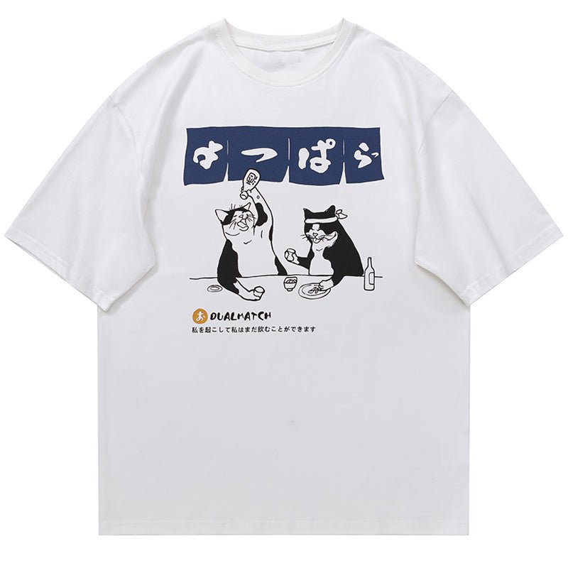 graphic t-shirt two cats drinking