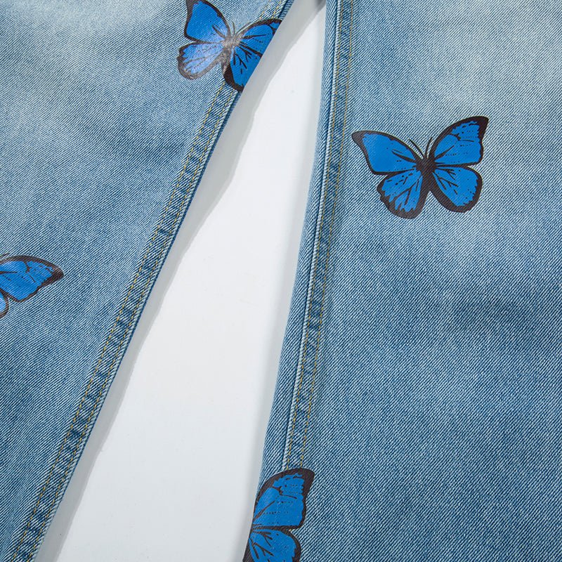 Lemandik Light Blue Jeans Full Butterfly Print