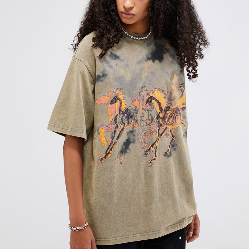 women's washed t-shirt flame horses