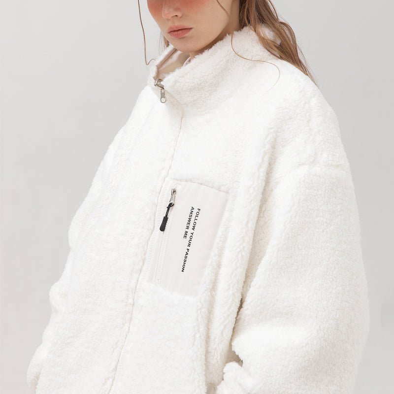white fluffy fleece jacket