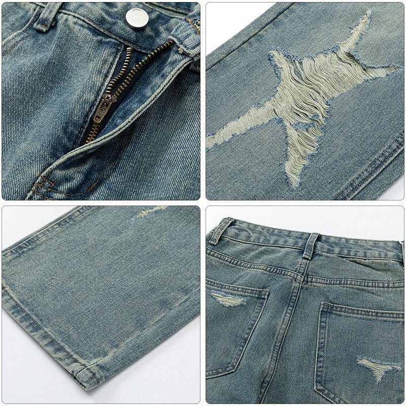 blue Ripped Jeans Distressed Star