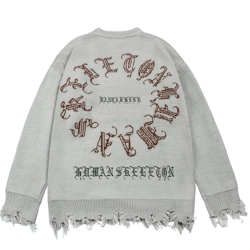 distressed sweater with gothic letters and skeleton